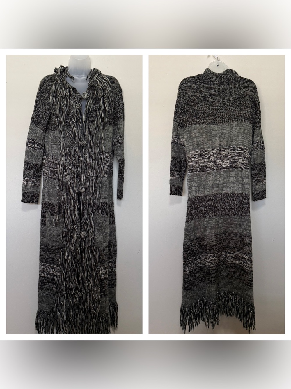 Vintage Style Figwood Striped Mohair Fringe Button Down Long Duster Coat